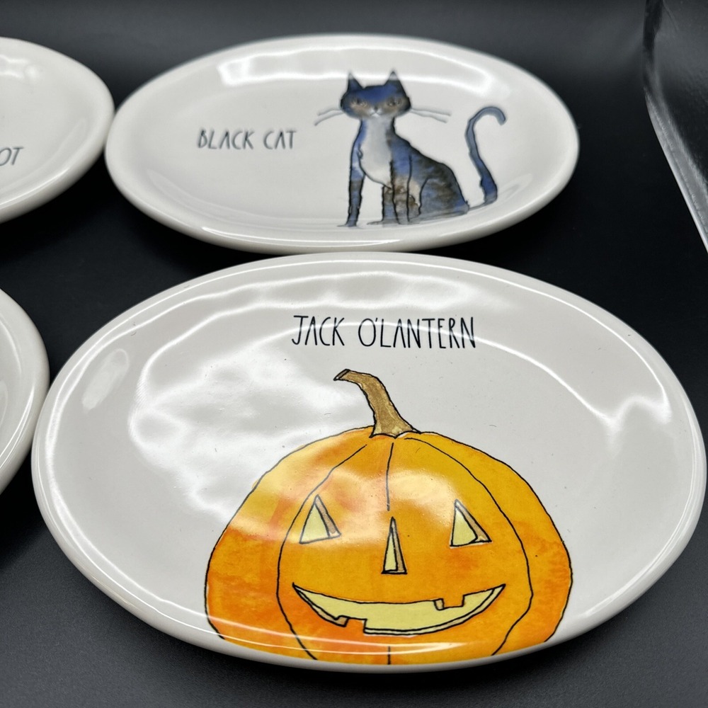 Rae Dunn Halloween Appetizer Snack‎ Plates Set 4 Owl Cat Pumpkin Witch Magenta - Picture 2 of 7